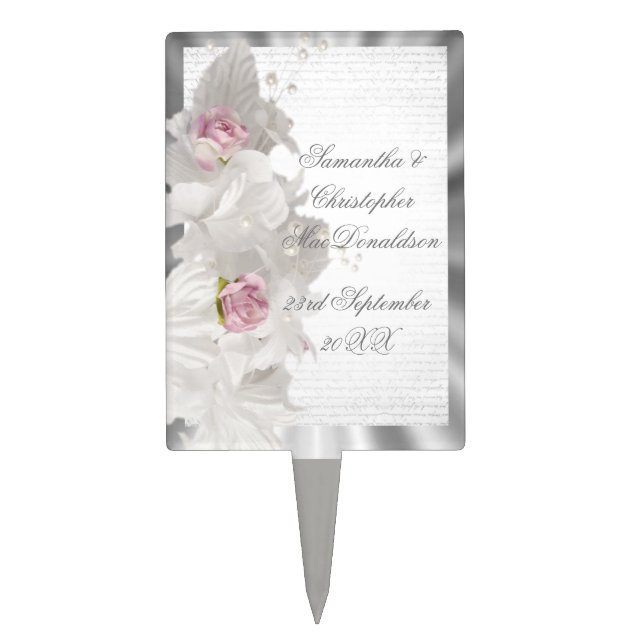 White floral pink rose and silver wedding cake topper (Front)