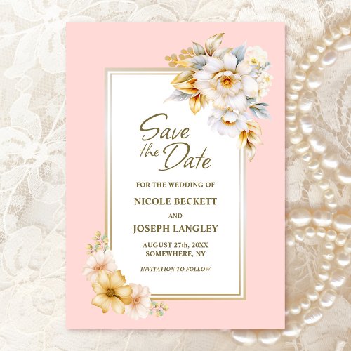 White Floral Pink Wedding Save the Date 