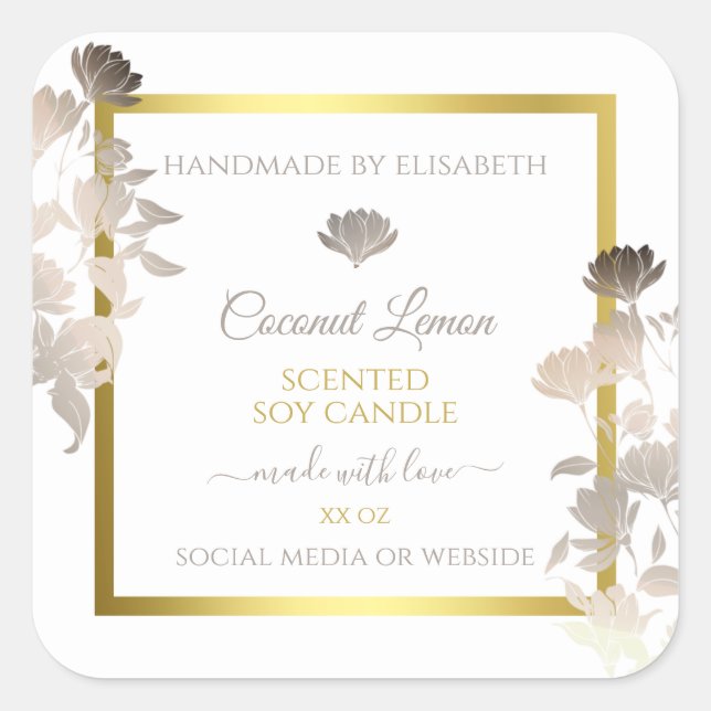 White Floral Product Packaging Labels Gold Frame (Front)