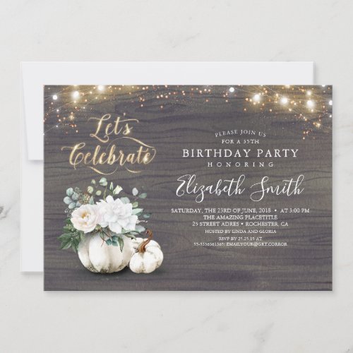 White Floral Pumpkin Rustic Fall Birthday Party In Invitation