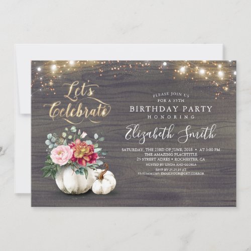 White Floral Pumpkin Rustic Fall Birthday Party Invitation