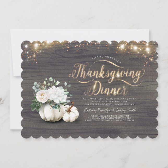 White Floral Pumpkin Rustic Thanksgiving Dinner Invitation (Front)