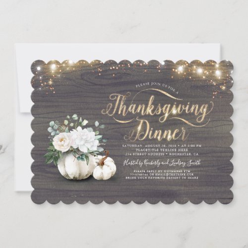 White Floral Pumpkin Rustic Thanksgiving Dinner Invitation