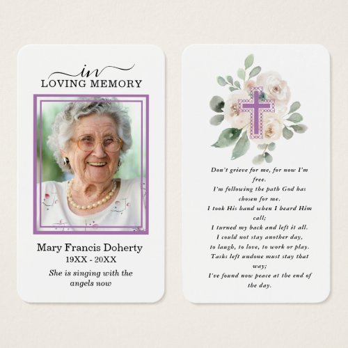 White Floral Purple Photo Funeral Prayer Card