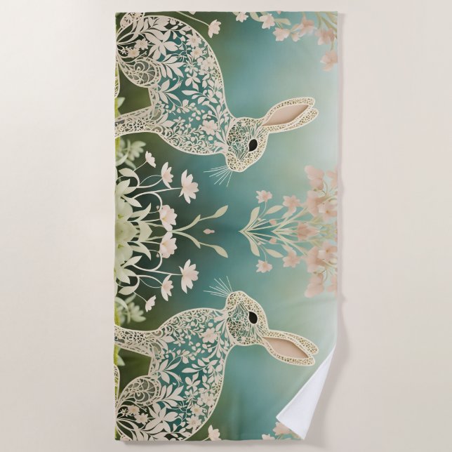 White Floral Rabbit Spring Art  Beach Towel (Front)