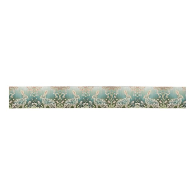 White Floral Rabbit Spring Art  Grosgrain Ribbon (Front)