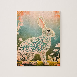 White Floral Rabbit Spring Art Jigsaw Puzzle