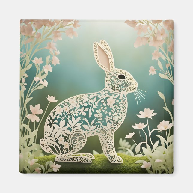 White Floral Rabbit Spring Art  Magnet (Front)