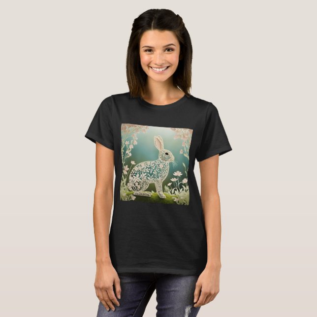 White Floral Rabbit Spring Art   T-Shirt (Front Full)