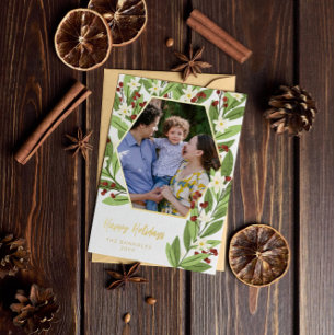 White Floral Red Berries Hexagon Happy Holidays Foil Holiday Card