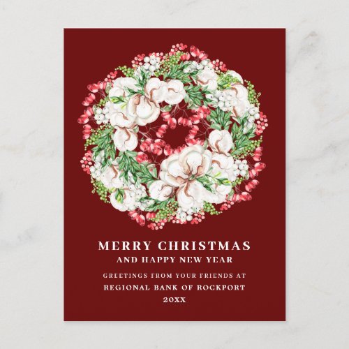 White Floral Red Berry Business Christmas Postcard