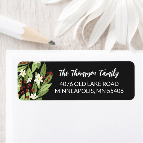 White Floral Red Berry Greenery Christmas Label