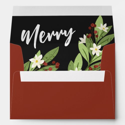 White Floral Red Berry Greenery Lining Merry Envelope