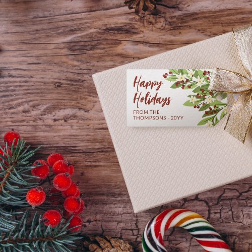 White Floral Red Berry Twigs Happy Holidays Gift Tags