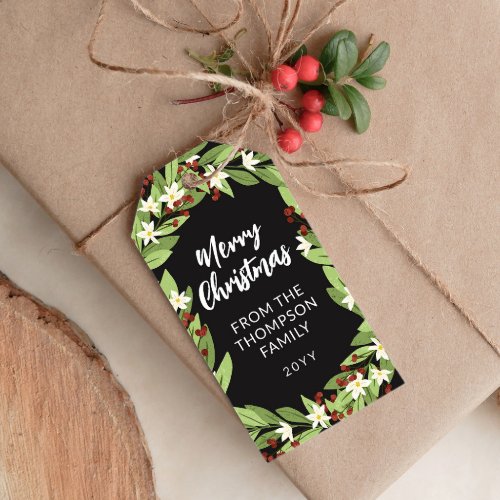 White Floral Red Berry Twigs Merry Christmas Gift Tags