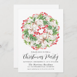 White Floral  Red Berry Wreath Christmas Party Invitation