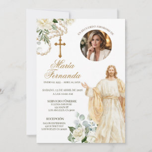 White Floral Rosary Catholic Jesus Funeral Invitat Invitation