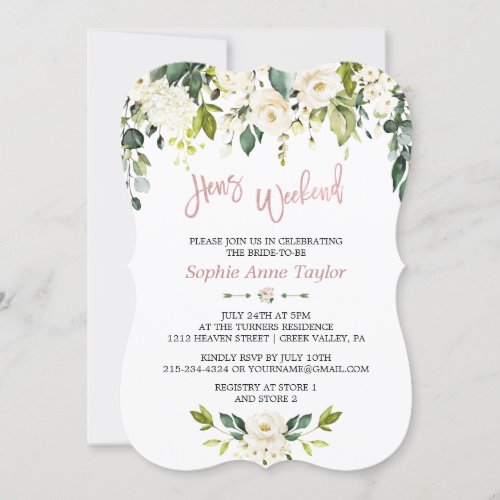 White Floral Rose Gold Bachelorette Weekend Party Invitation