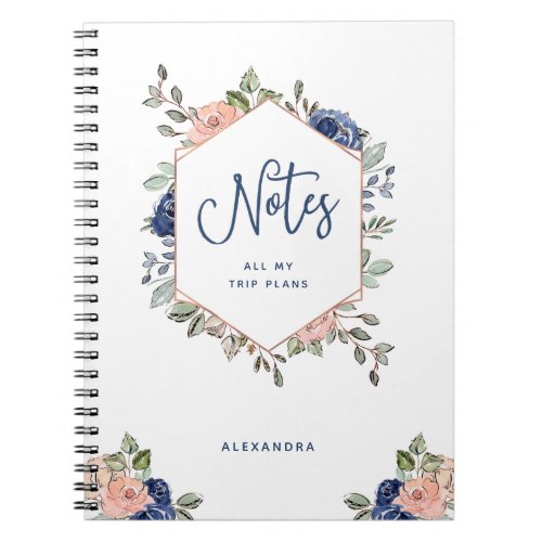 White Floral  Rose Gold Geometric Notebook