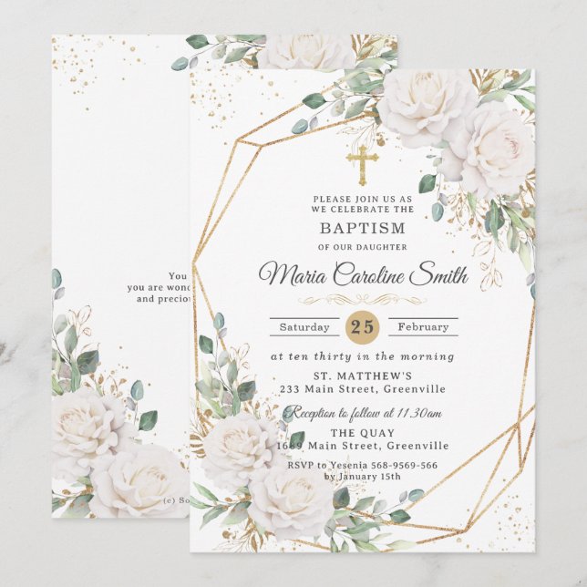 White Floral Roses Gold Cross Baptism  Invitation (Front/Back)