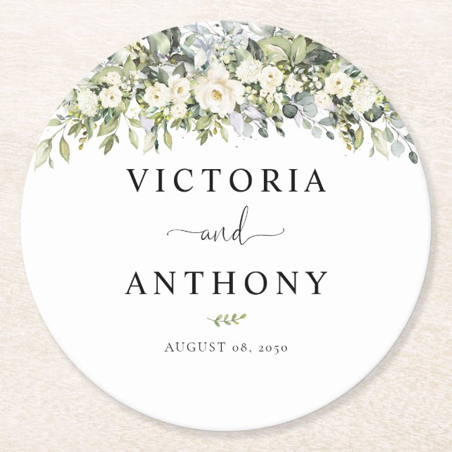 White Floral Round Wedding Coaster (Front)