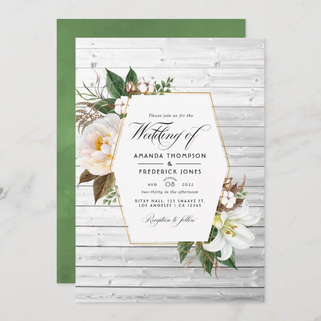 White Floral Rustic Barn Country Wedding Photo Inv Invitation (Front/Back)
