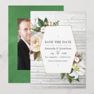 White Floral Rustic Barn Country Wedding Photo Save The Date