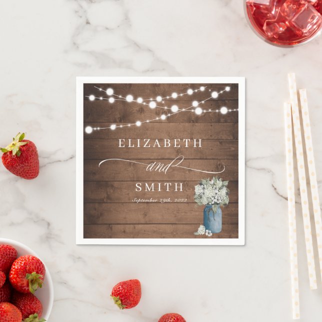 White Floral Rustic Elegant Lights Wooden Wedding Napkins (Insitu)