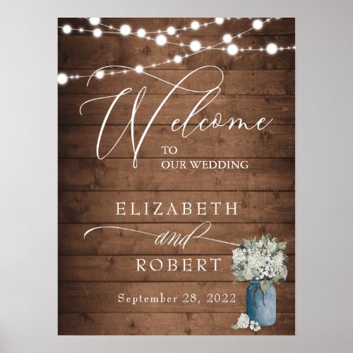 White Floral Rustic Elegant Lights Wooden Wedding Poster