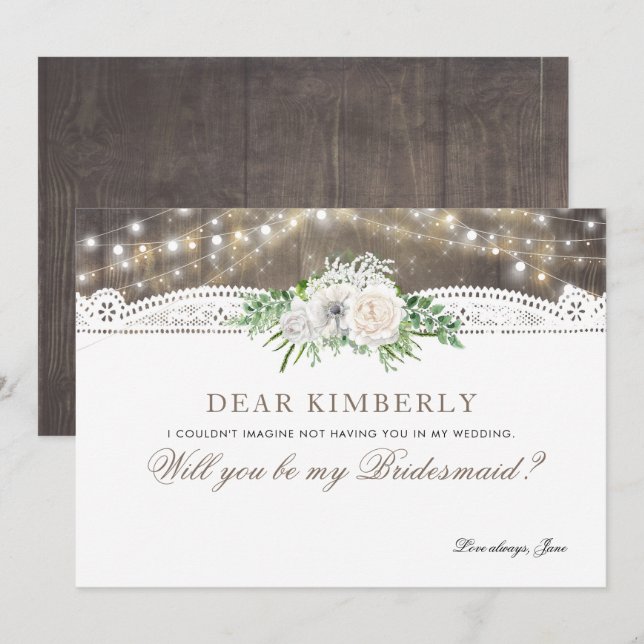 White Floral Rustic Will You Be My Bridesmaid Invitation (Front/Back)