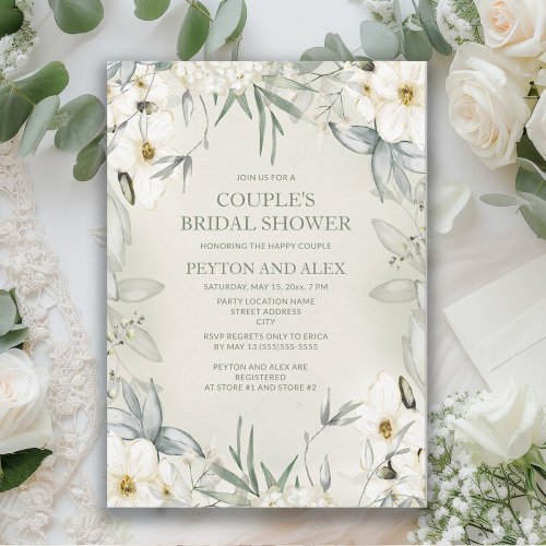 White Floral Sage Green Couple Bridal Shower Invitation