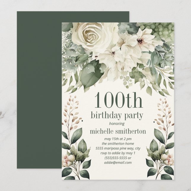 White Floral Sage Green Leaves 100th Birthday Invitation (Front/Back)