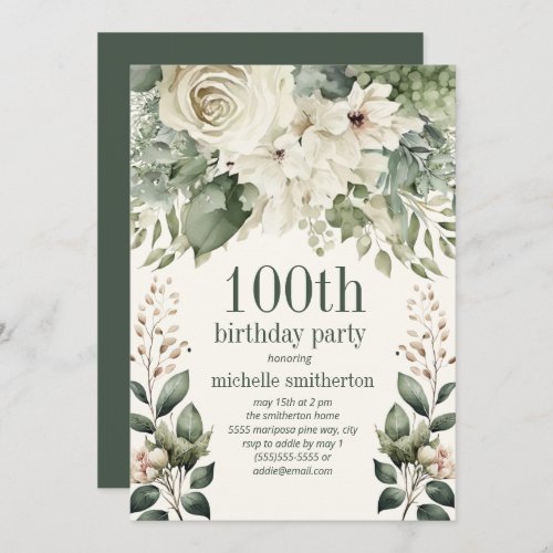 White Floral Sage Green Leaves 100th Birthday Invitation