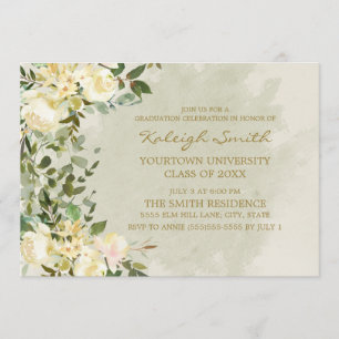 White Floral Sage Green Leaves Graduation Party Invitation