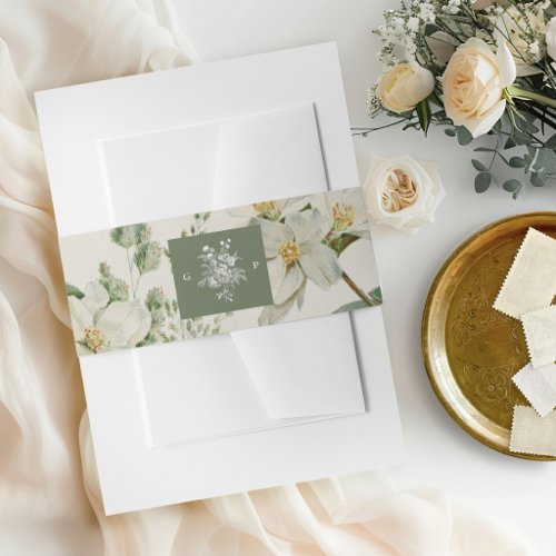 White Floral Sage Green Monogram Wedding Invitation Belly Band