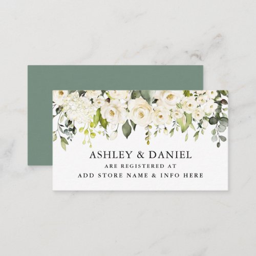 White Floral Sage Green Wedding Registry  Enclosure Card