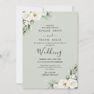 White Floral Sage Mint Wedding Invitation