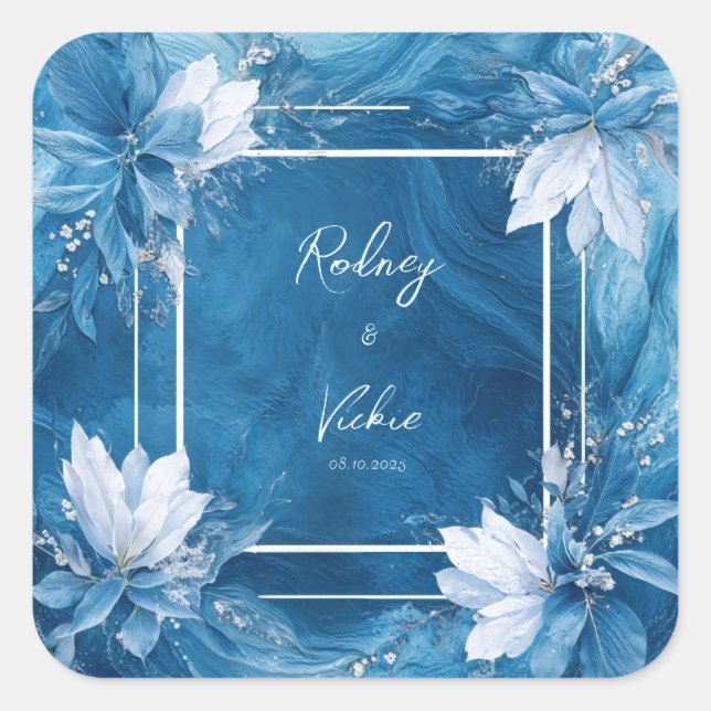 White Floral Sapphire Blue Marbled Liquid Square Sticker (Front)