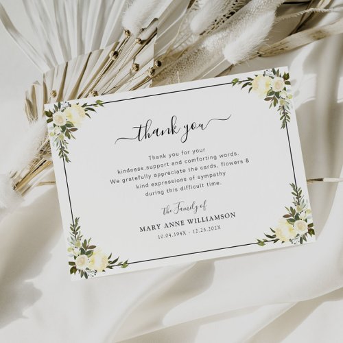 white floral script funeral thank you note