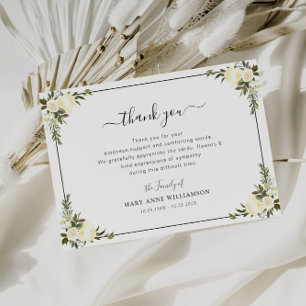 white floral script funeral thank you note card