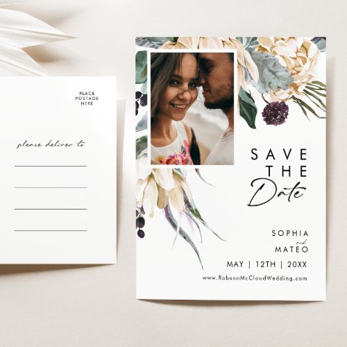White Floral Script Photo Save The Date Postcard