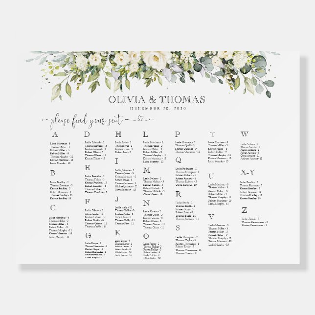 White Floral Seating Chart Foam Board  (Front)