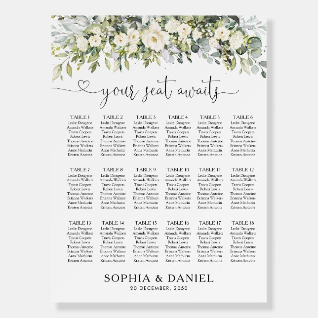 White Floral Seating Chart Foam Board  (Front)