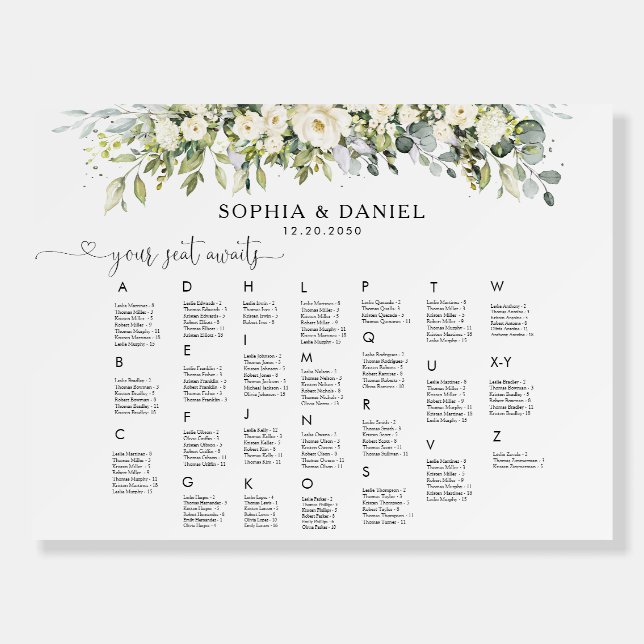 White Floral Seating Chart Foam Board  (Front)