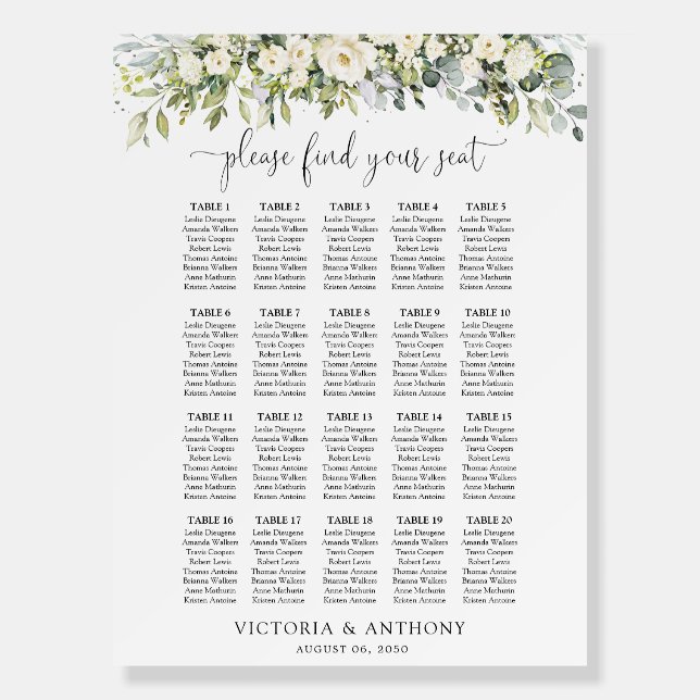 White Floral Seating Chart Foam Board  (Front)