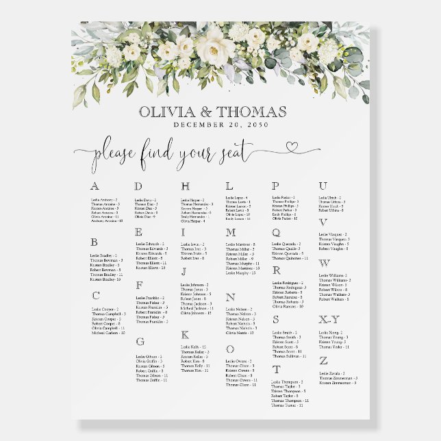White Floral Seating Chart Foam Board  (Front)