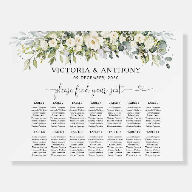 White Floral Seating Chart Foam Board  (Front)