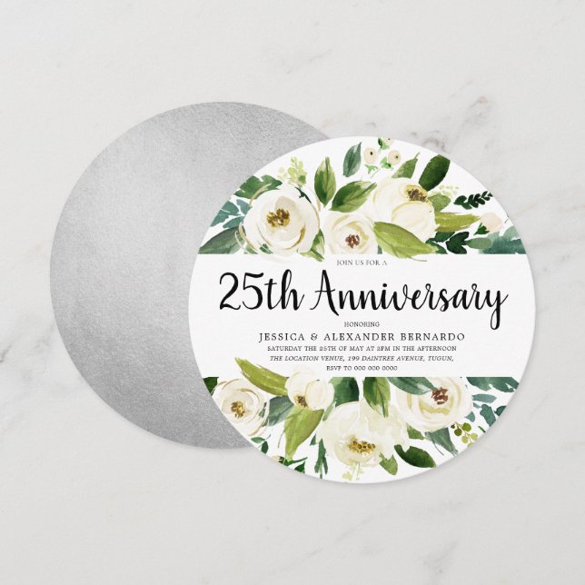 White Floral Silver 25th Wedding Anniversary Invitation (Front/Back)