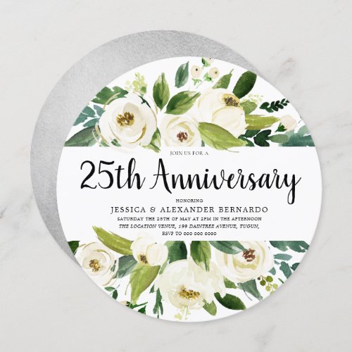 White Floral Silver 25th Wedding Anniversary Invitation