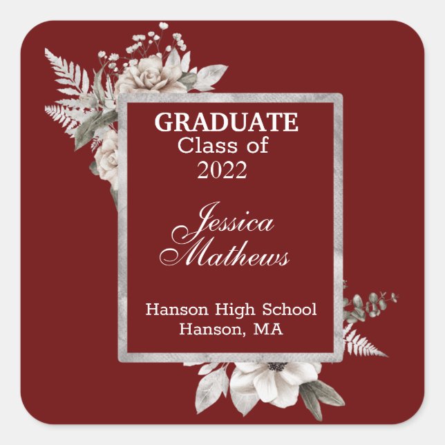 White Floral Silver Frame on Cranberry Graduation  Square Sticker (Front)